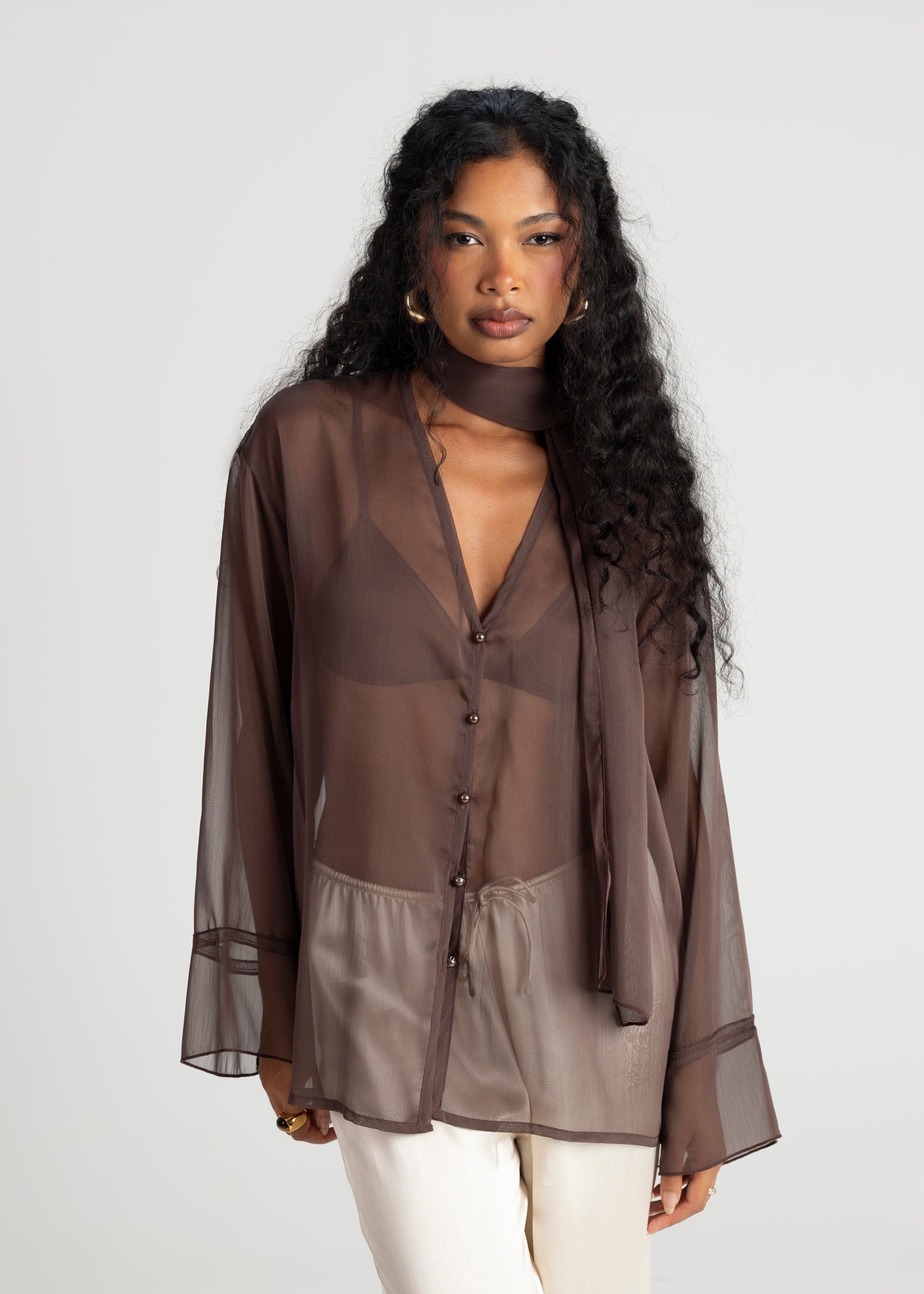 Haze Sheer Button-Up Blouse - Green 