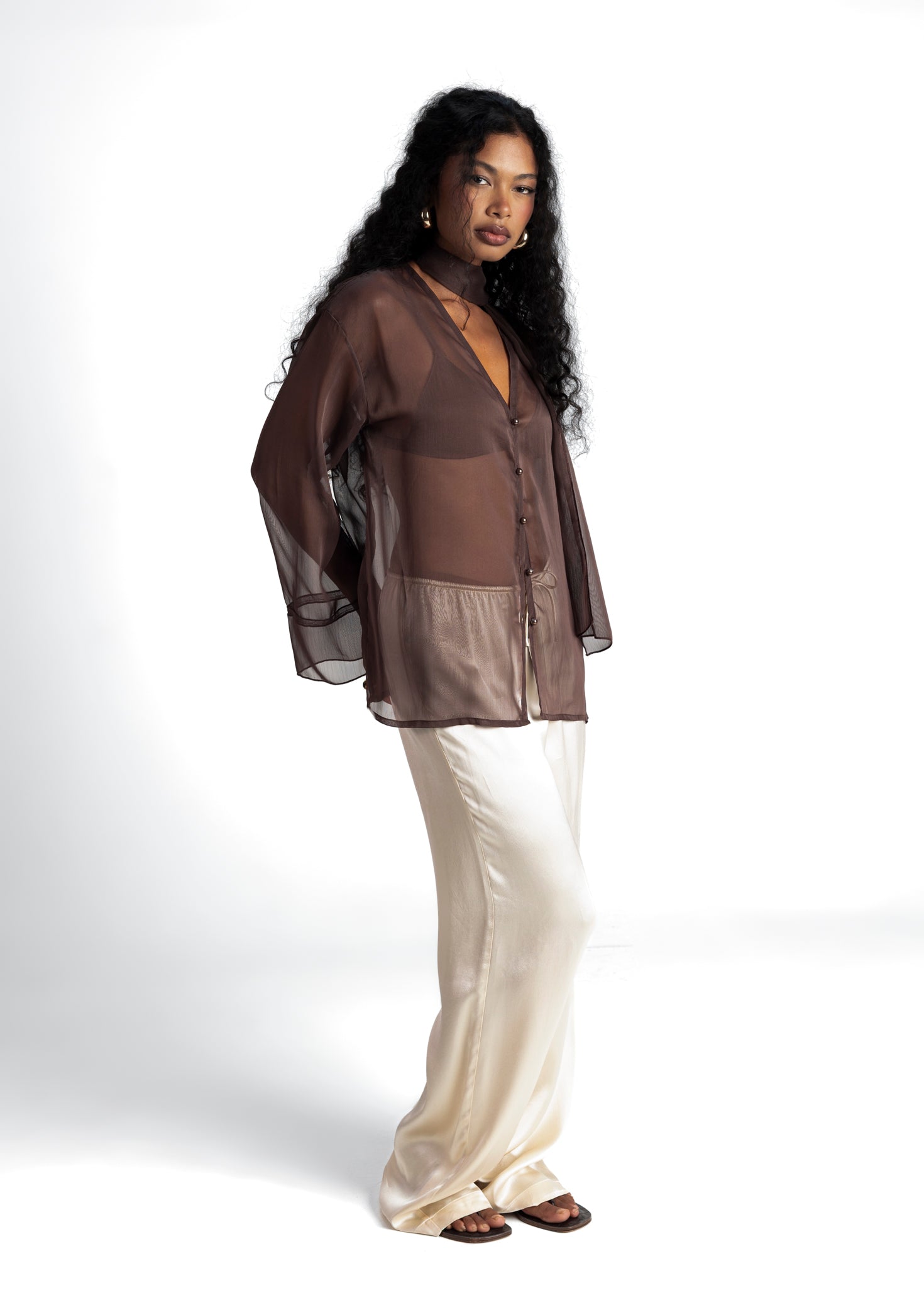 Haze Sheer Button-Up Blouse - Green 