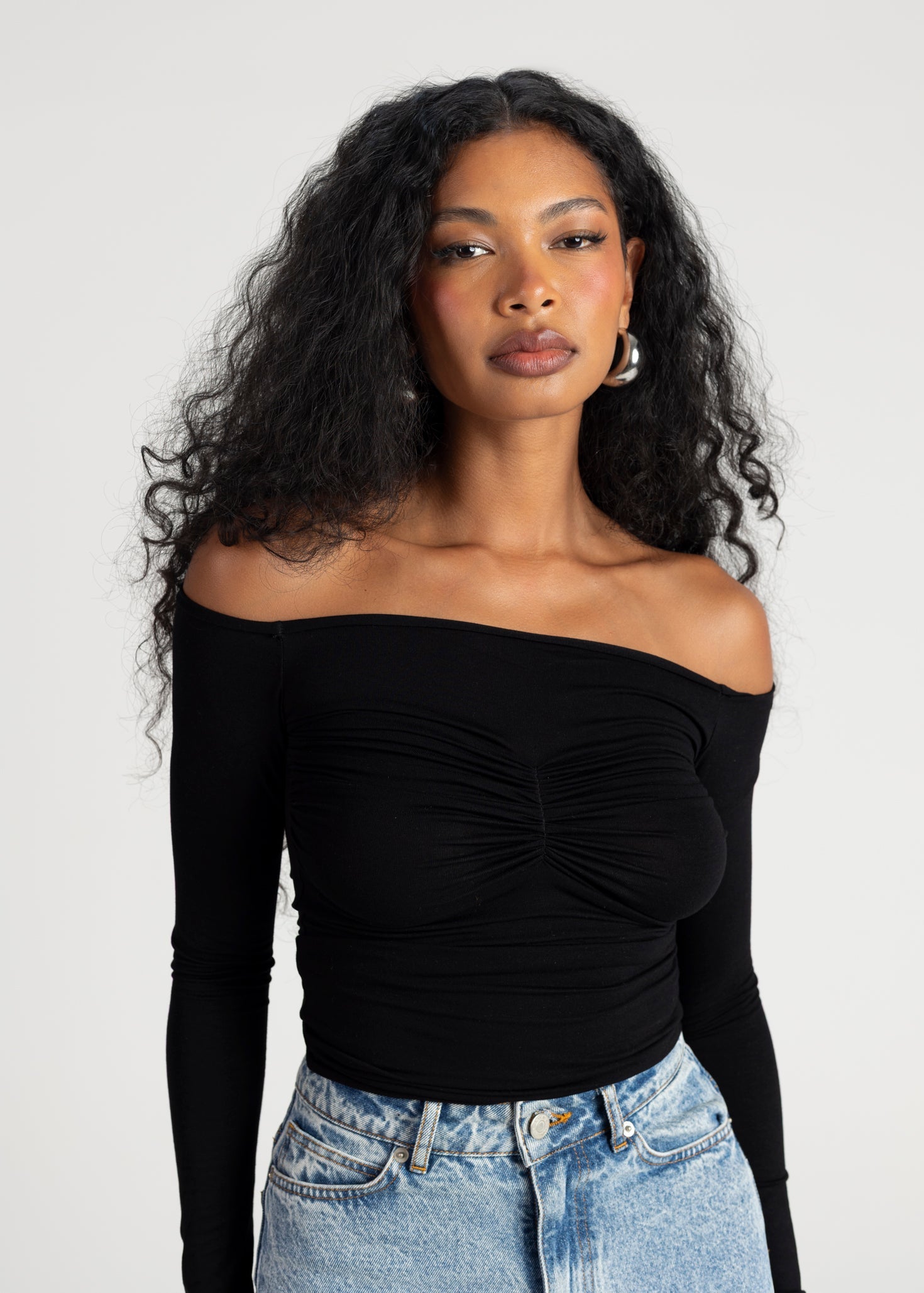 Women’s Off-Shoulder Pleated Top – Sculpted Long Sleeve Fit
