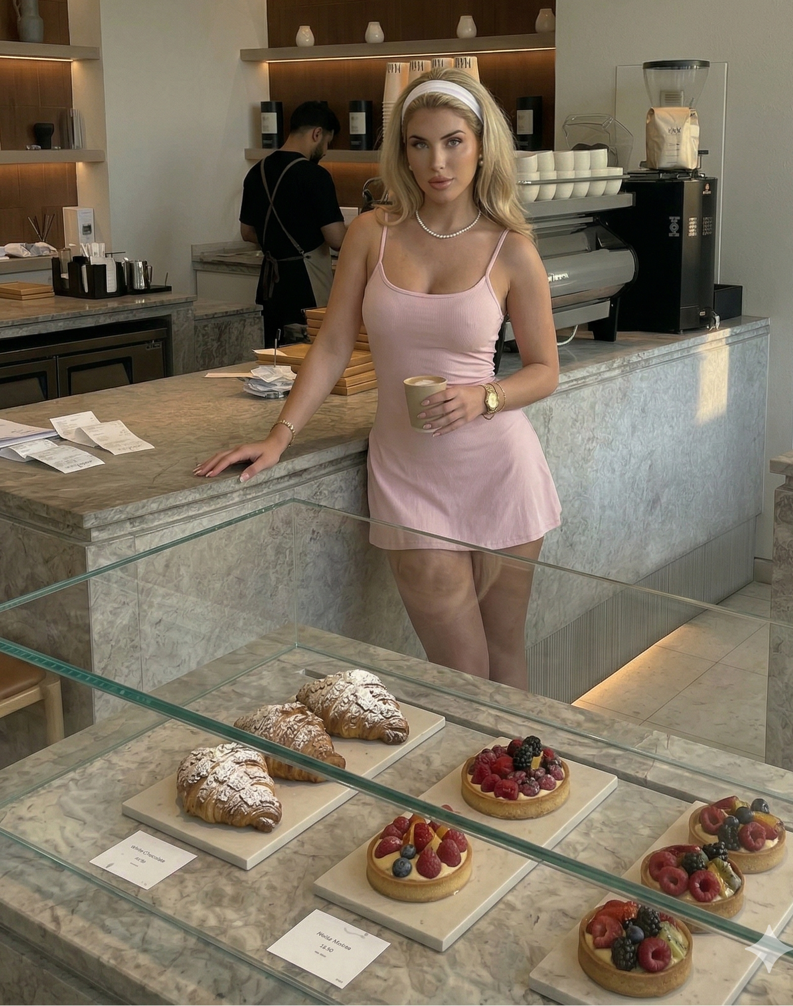 Woman in a pink dress standing behind a counter with pastries in an expensive bakery.